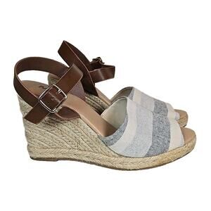 MIA Martina Espadrille Wedge Sandals 9.5 Blue White Striped Ankle Strap Rope